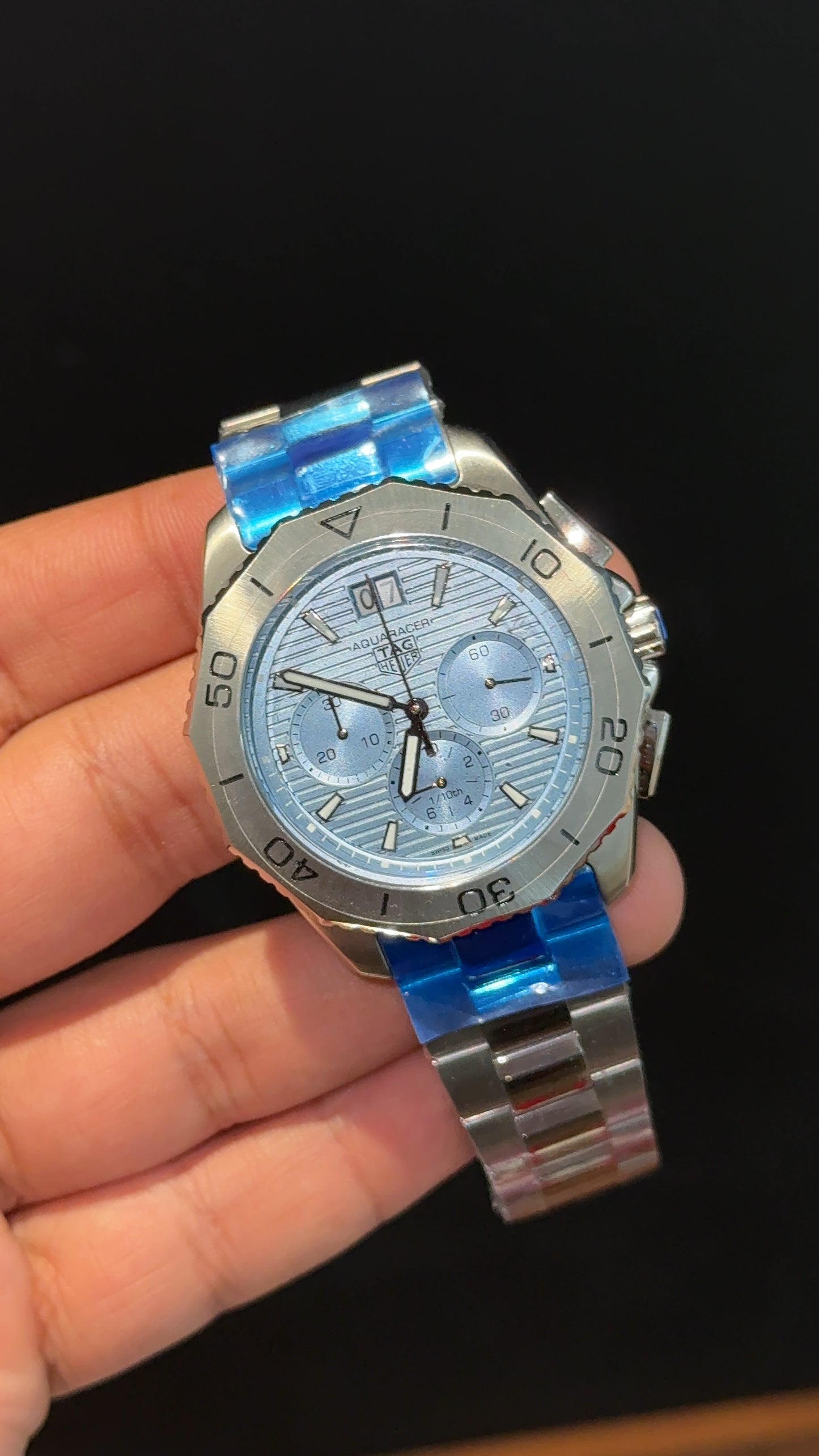 Tag Aquaracers | Silver Chain | Plain Bezel | Chrono | Ice Blue Dial