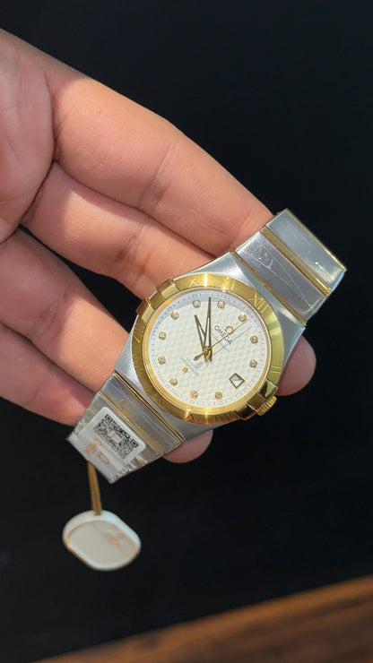 Omega Constellation | Gold Two Tone | Gold Diamond Digit | White Textured Dial