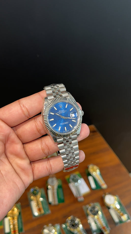 Premium Datejust | 40mm | Silver Chain | Blue Textured Dial