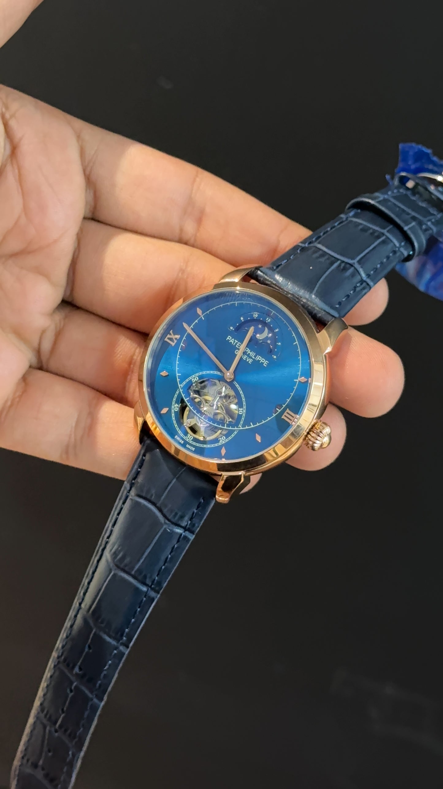 PP Auto | Rose | Pendulum | Moonphase | Blue Leather Strap | Blue Circle Plain Dial