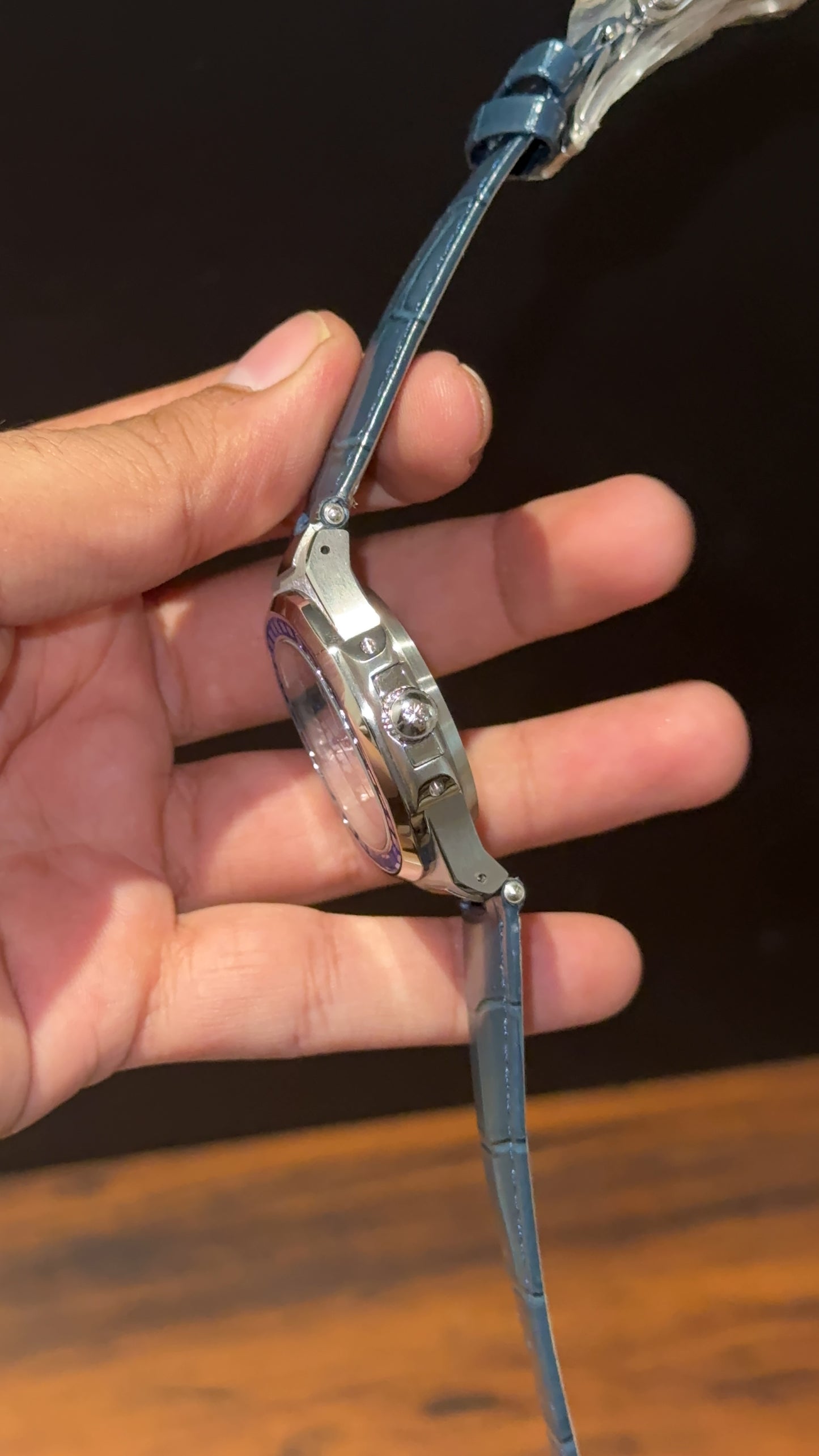 Pp Silver | Auto | Blue Diamond Bezel | Blue Leather Strap | Blue Digits | Blue Dial