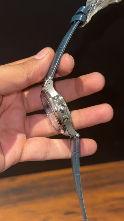 Pp Silver | Auto | Blue Diamond Bezel | Blue Leather Strap | Blue Digits | Blue Dial