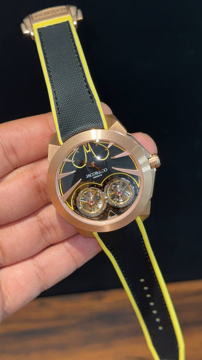 Executive Jacob And Co | Rose Case | Gotham City Edition | Black Yellow Strap | Black Dial