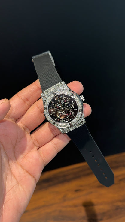 Hublot Auto | Diamond Case | Black Strap | Skeleton | Black Dial
