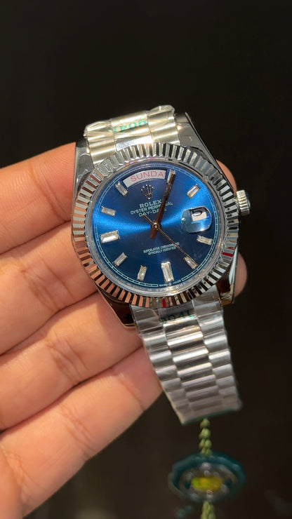 DayDate | Silver Chain | Pearl Digit | Blue Plain Dial