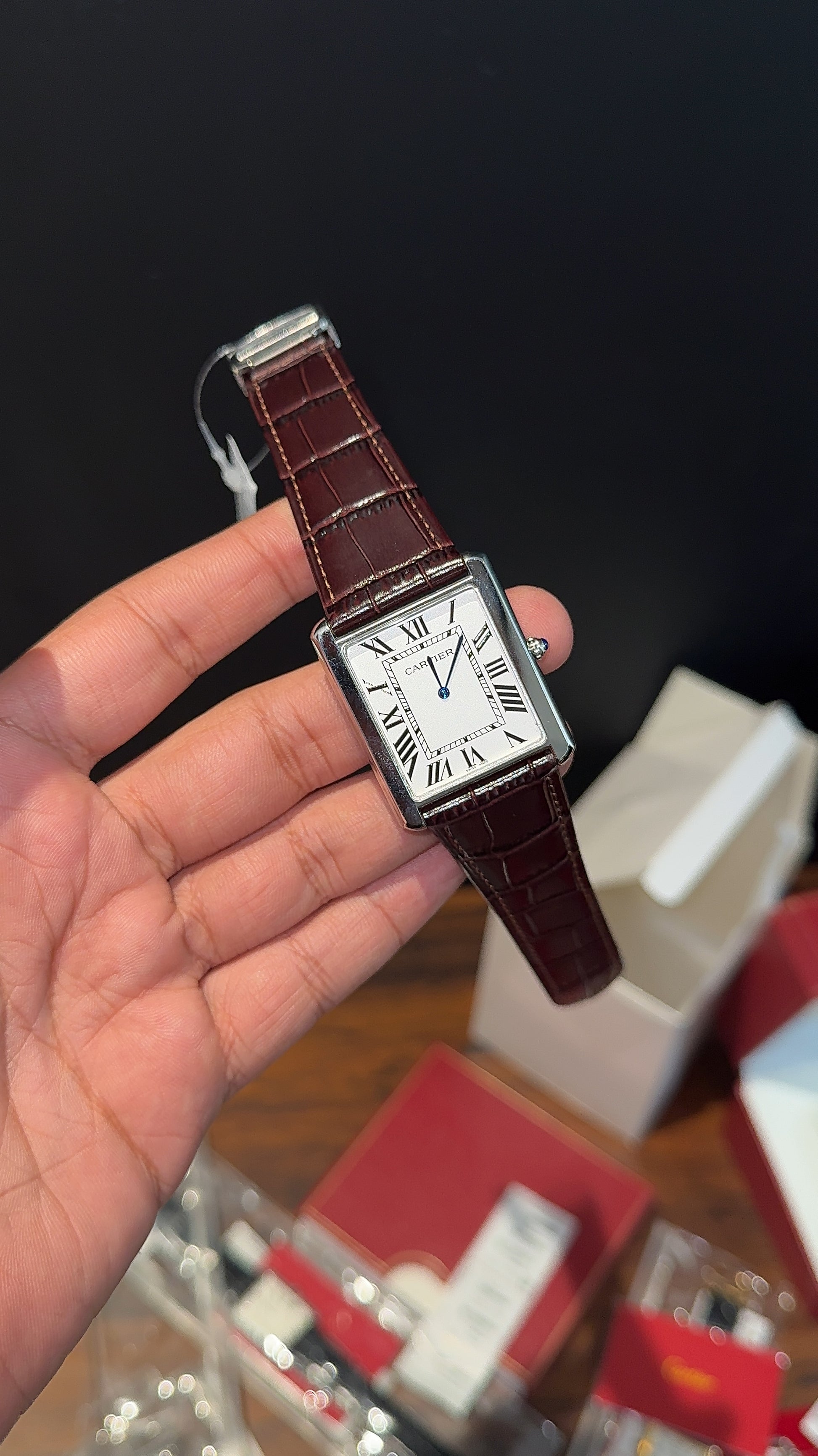 Cartier Tank | Silver | Dark Brown Leather Strap | White Dial - twentyfour