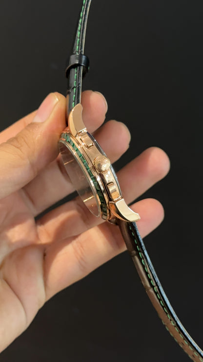 Patek Century | Auto | Rose | Green Diamond Bezel | Black Leather Strap | Green Index Dial