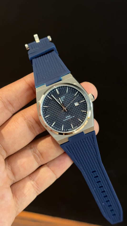 Tissot Prx | Silver Case | Blue Silcone Strap | Blue Texture Dial