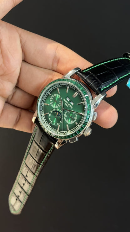 Patek Century | Auto | Silver | Green Diamond Bezel | Black Leather Strap | Green Index Dial