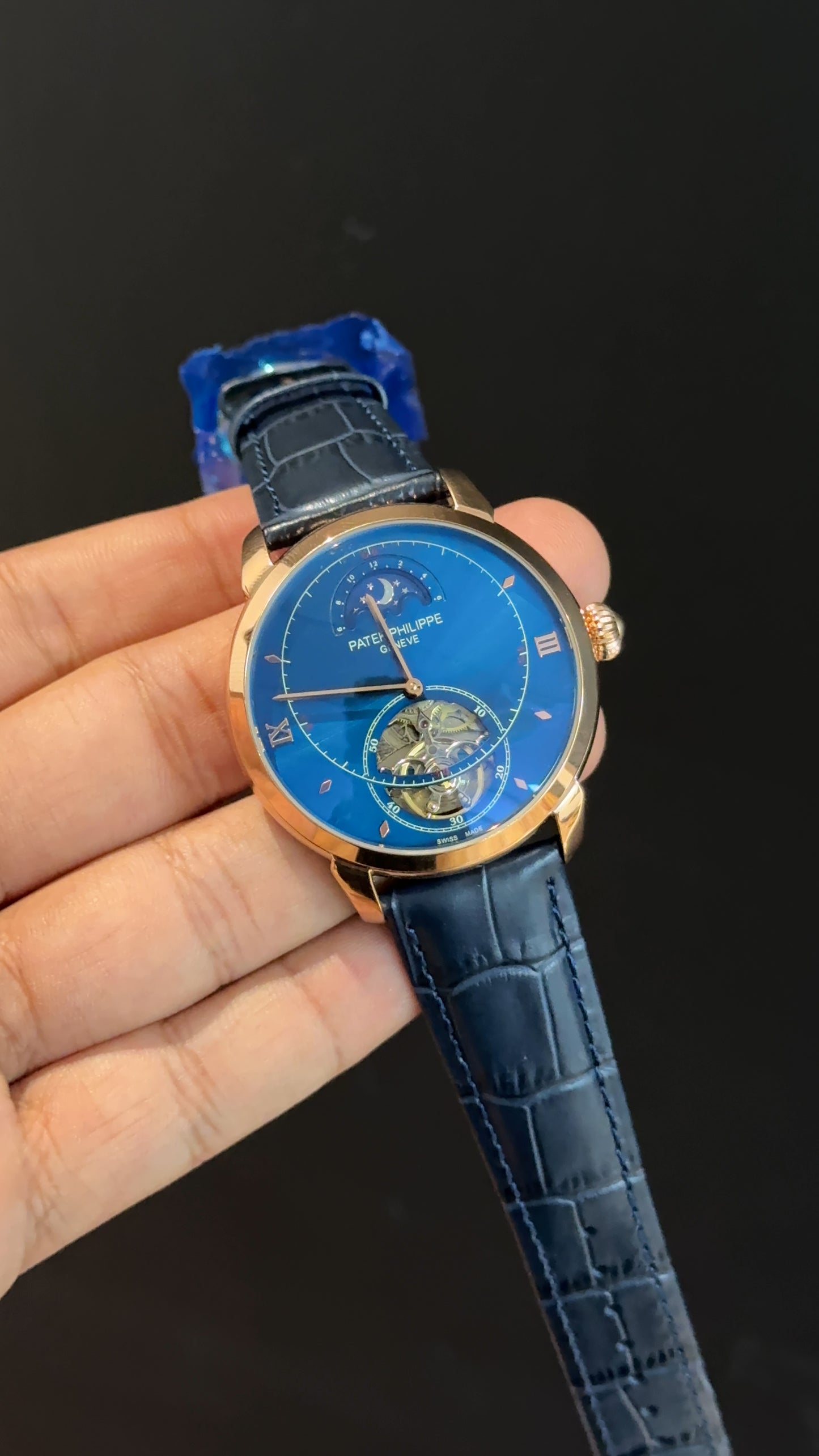 PP Auto | Rose | Pendulum | Moonphase | Blue Leather Strap | Blue Circle Plain Dial