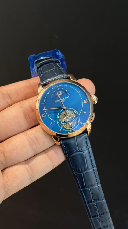 PP Auto | Rose | Pendulum | Moonphase | Blue Leather Strap | Blue Circle Plain Dial