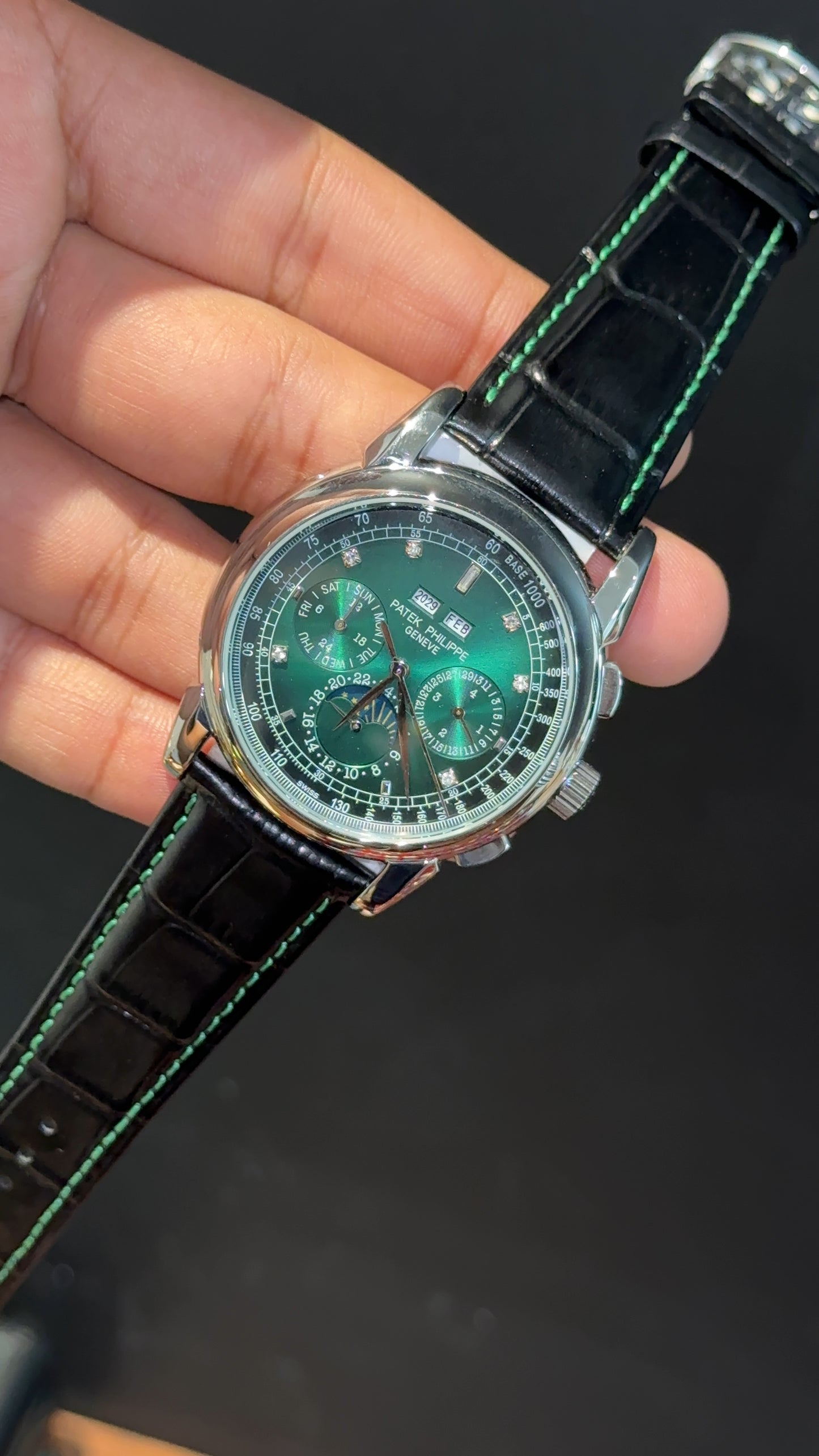 Patek Century | Auto | Silver Case | Green Diamond Dial | Black Leather Strap - twentyfour