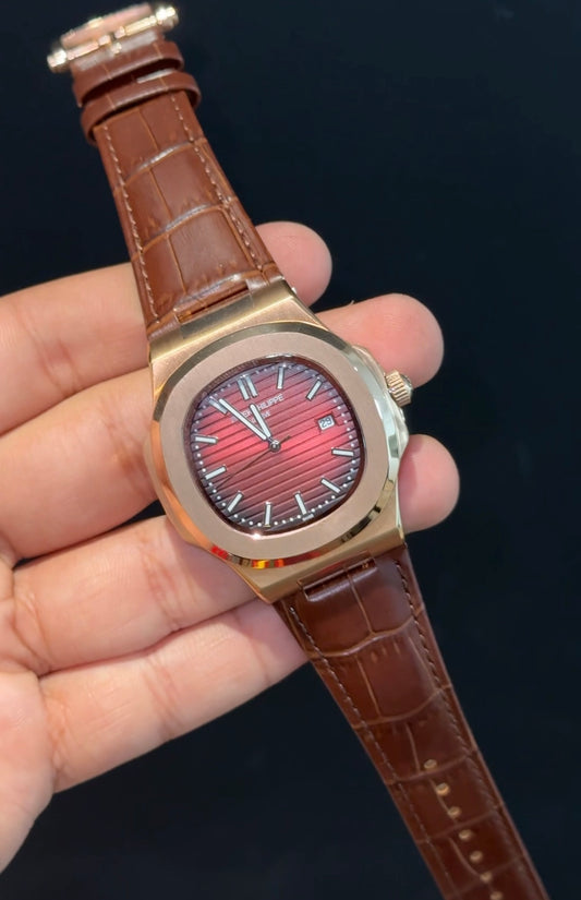Pp Auto | Brown Leather Strap | Rose Case | Gradient Red Dial
