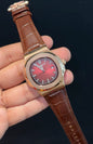 Pp Auto | Brown Leather Strap | Rose Case | Gradient Red Dial