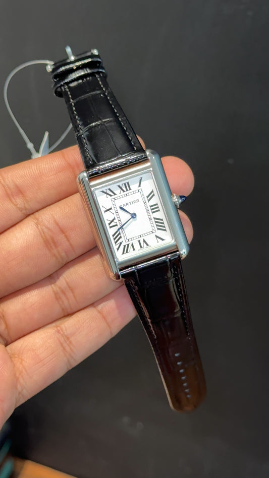 Cartier Tank | Silver | Black Leather Strap | White Crafted Dial