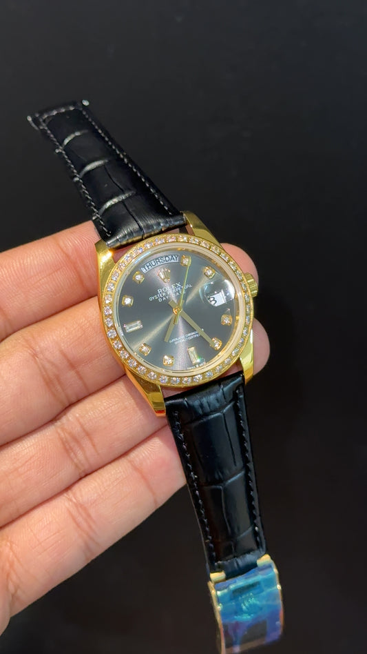Daydate | 36mm | Gold Diamond Case | Black Leather Strap | Black Diamond Dial - twentyfour