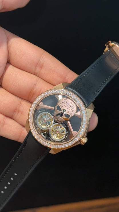 Executive Jacob And Co | Rose Case | Skull Tourbillon Edition | Black Strap | Black Dial