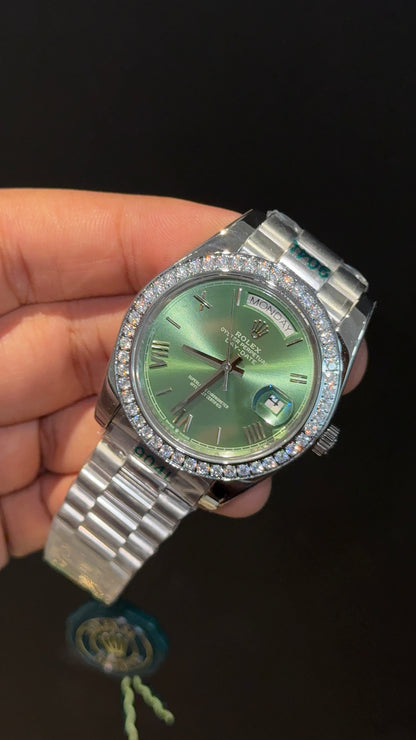 DayDate | Diamond Bezel | Silver Chain | Green Index Dial