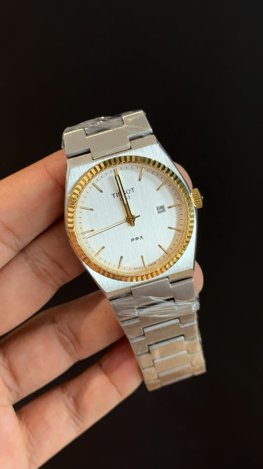 Tissot Prx | Silver Chain | Gold Bezel | White Plain Dial