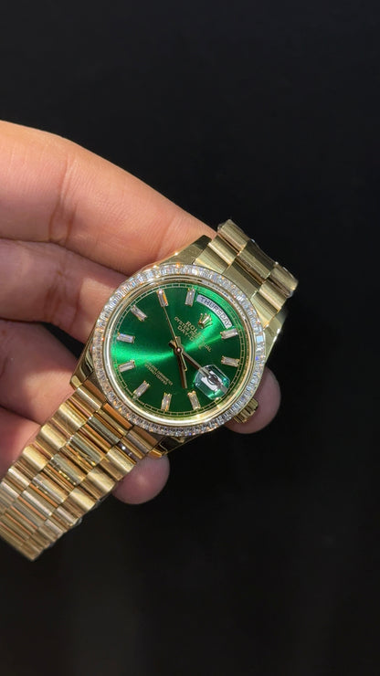 Premium Daydate | Diamond Bezel  | 36mm | Gold Chain | Green Pearl Dial