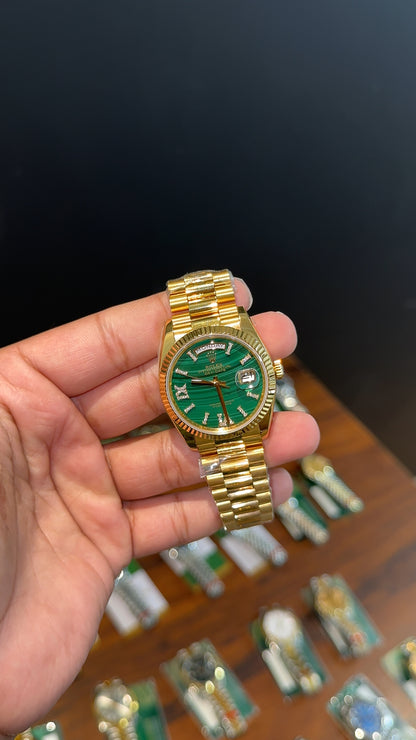 Premium Daydate | 36mm | Gold Chain | Platinum Green Diamond Roman Dial