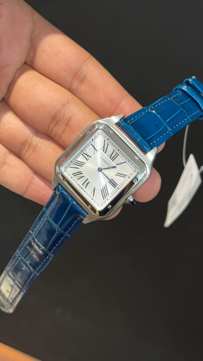 Cartier Santos | Silver Case | Blue Dumont Strap | White Dial