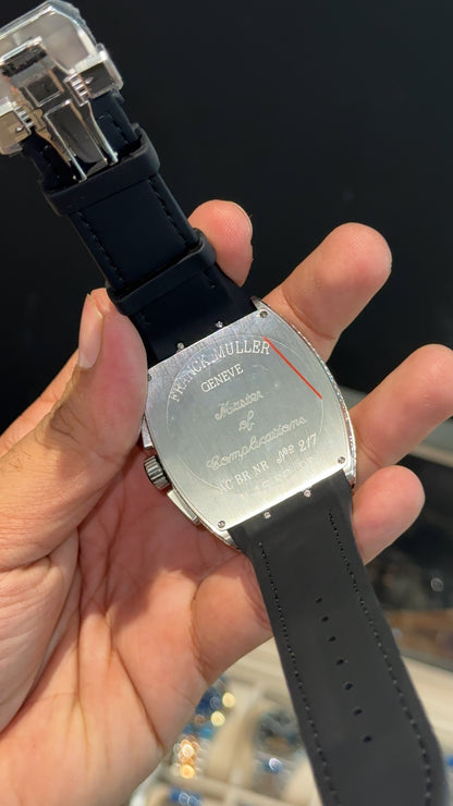 Premium Franck Muller | Vanguard  Chronograph Edition | Silver Diamond Case | Black Leather Strap | Silver Pearl Dial