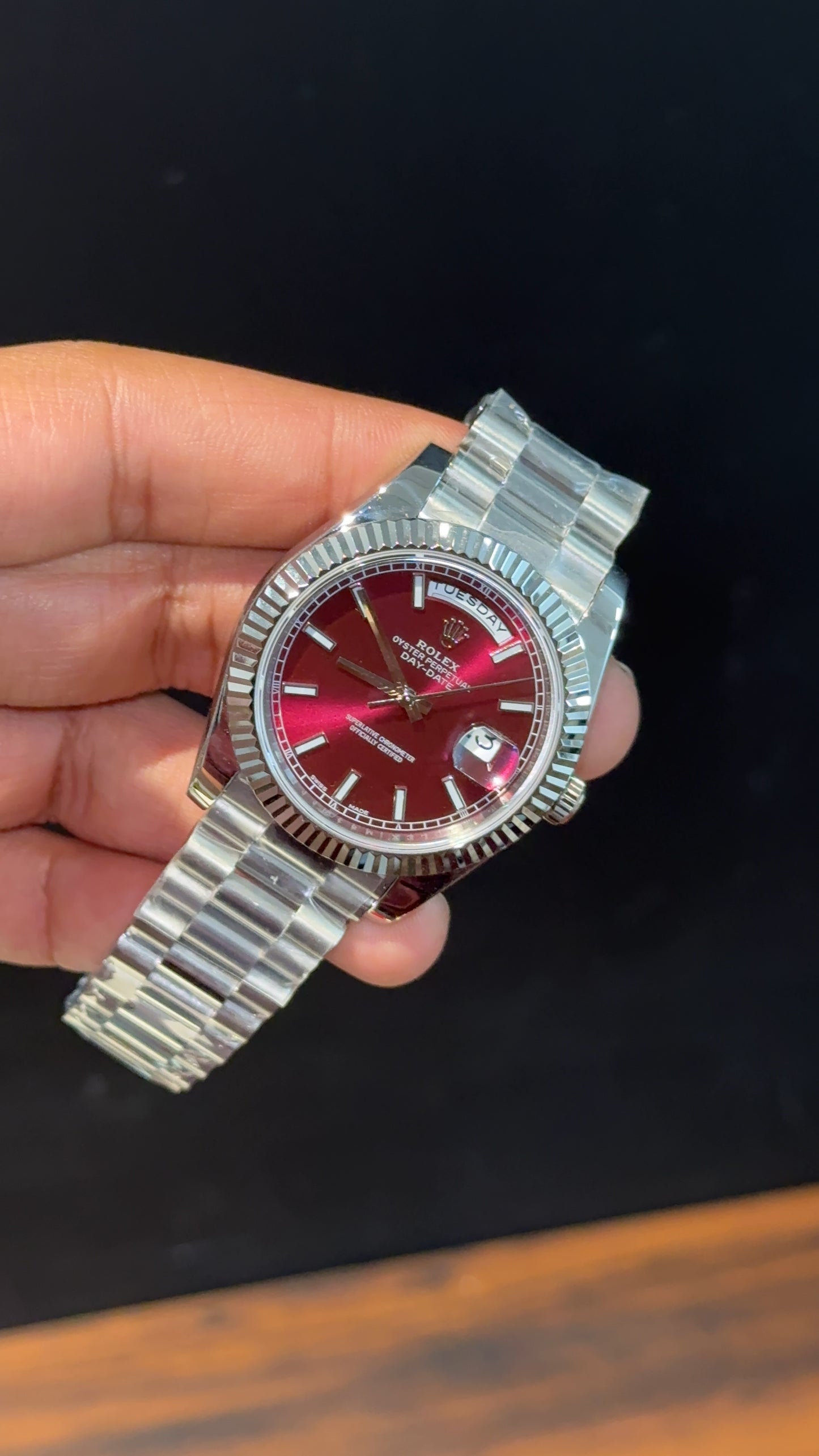 Premium Daydate | Silver Chain | Red Cheery Dial