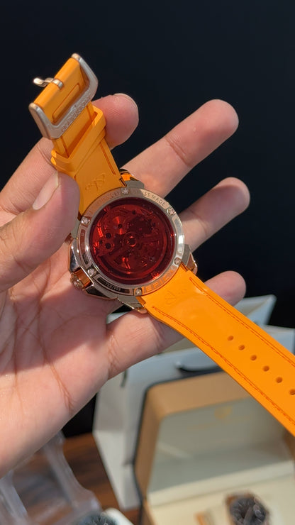 Executive Jacob and Co | Rose Bezel | Black Strap With Orange Accent | Mens Mechanical Epic | Black Dial