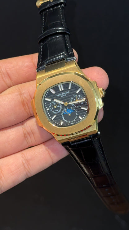 Pp Auto | Moonphase | Chrono | Gold Case | Black Leather Strap | Black Dial