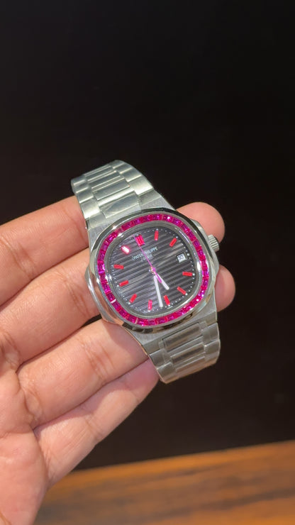Pp Auto | Silver Chain | Pink Diamond Bezel | Pink Digits |Black Dial