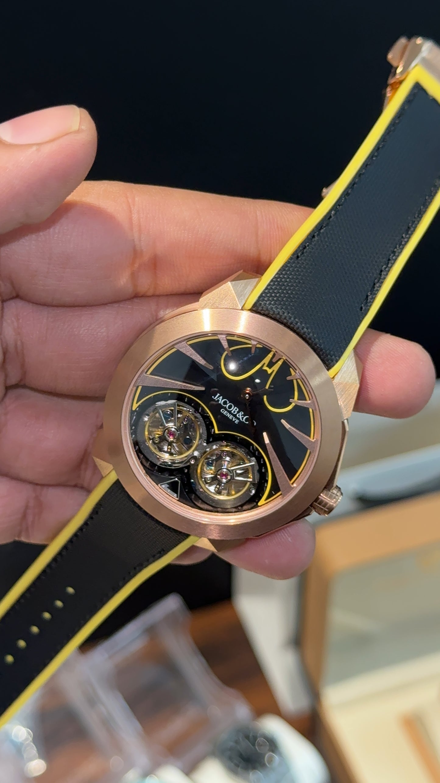 Executive Jacob and Co | Rose Bezel | Double Tourbillon | Black Strap With Yellow Accent | Gotham City Batman | Black Dial