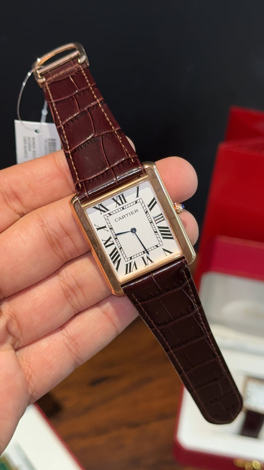 Cartier Tank | Rose | Dark Brown Leather Strap | White Dial