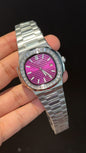 PP Auto | Silver Diamond Bezel | Silver Chain | Pinkish Dial