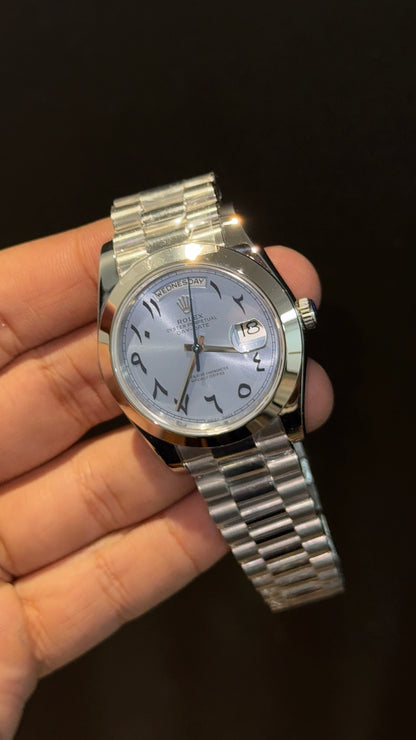 Premium Daydate | Plain Bezel  | Silver Chain | Sky Blue Arabic Dial