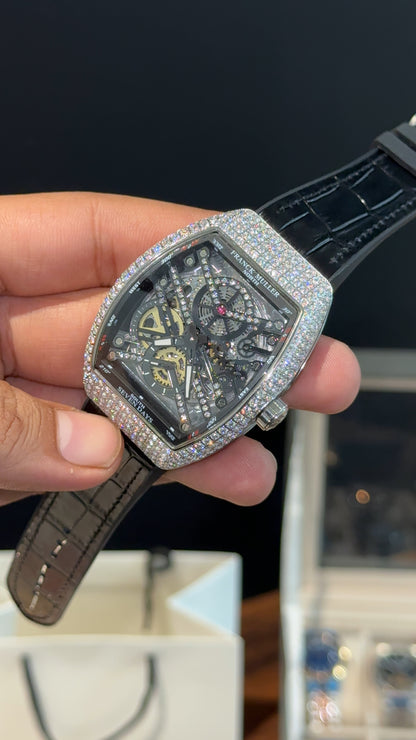 Premium Franck Muller | Curvex Skeleton | Silver Pearl Case | Black Leather Strap | Black Dial