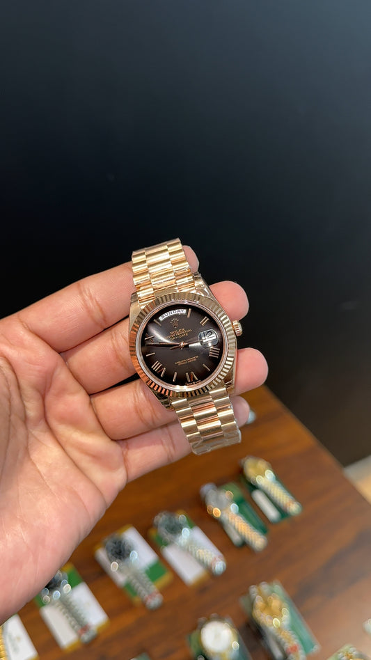 Premium Daydate | 40mm | Rose Chain | New Smoked Black Dial