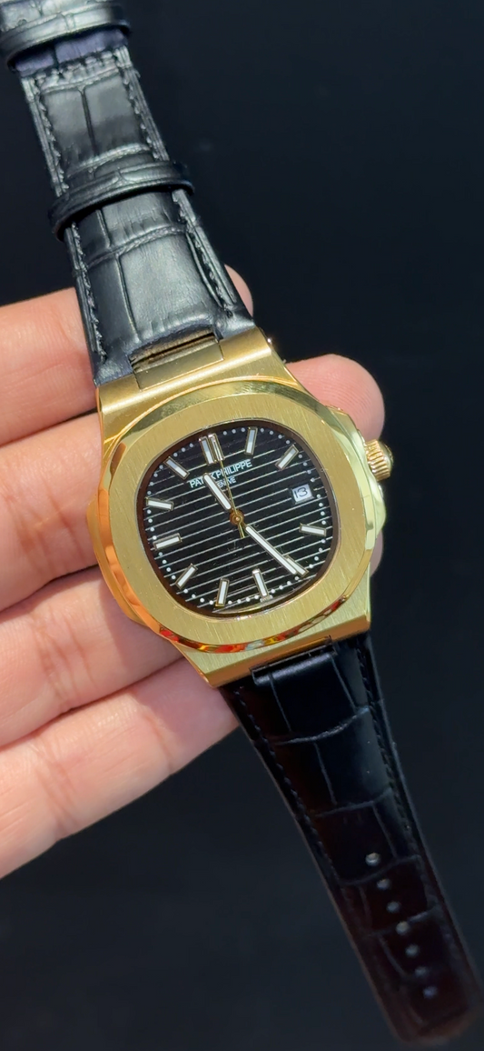 Pp Auto | Black Leather Strap | Gold Case | Black Dial