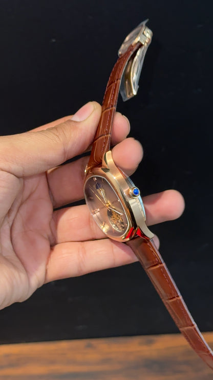 Cartier | Rose Square Bezel | Pendulum | Moonphase | Brown Strap | Shady White Blue Dial