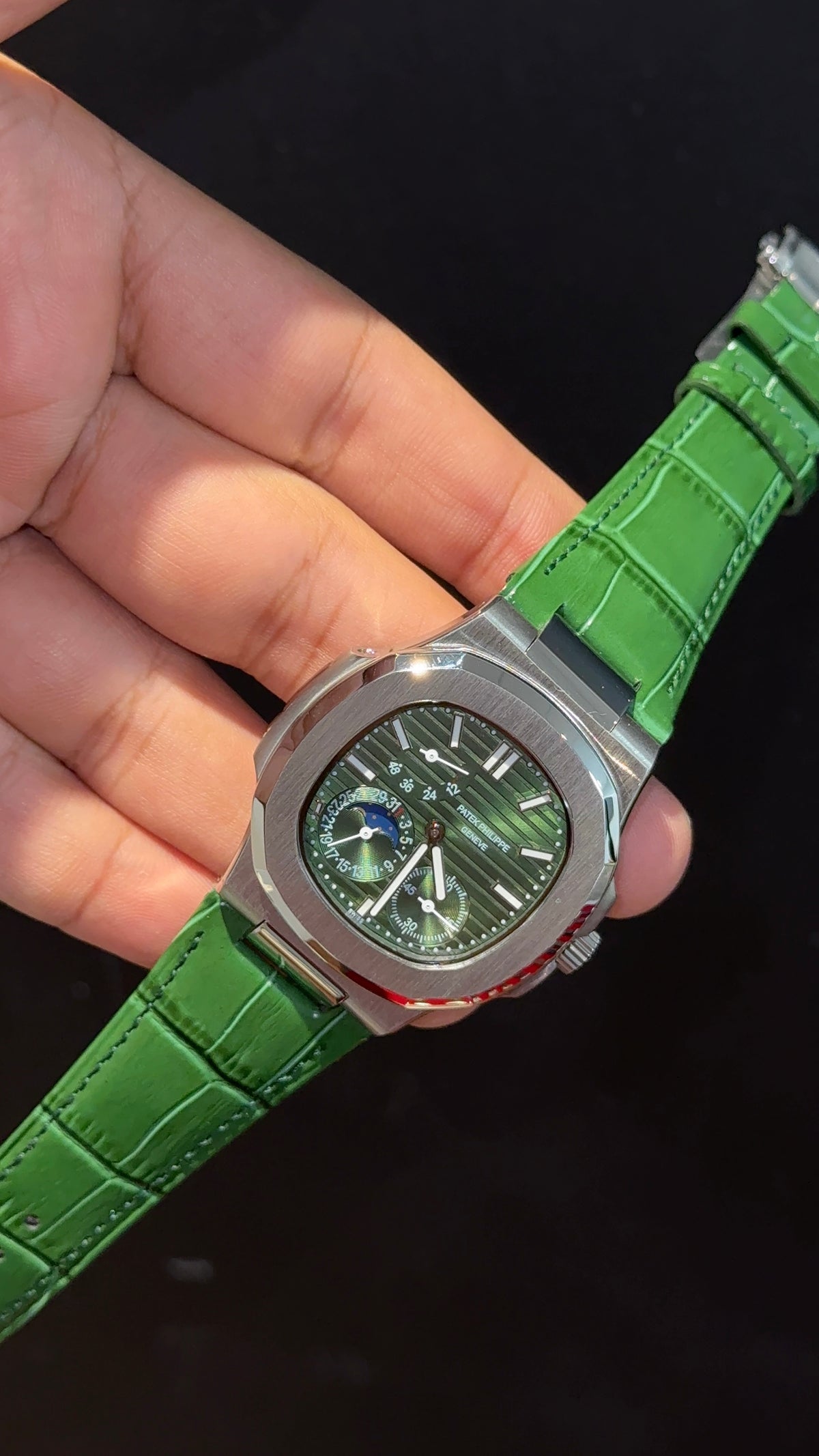 Pp Auto | Silver Case | Green Strap | Moonphase | Sub Green Dial