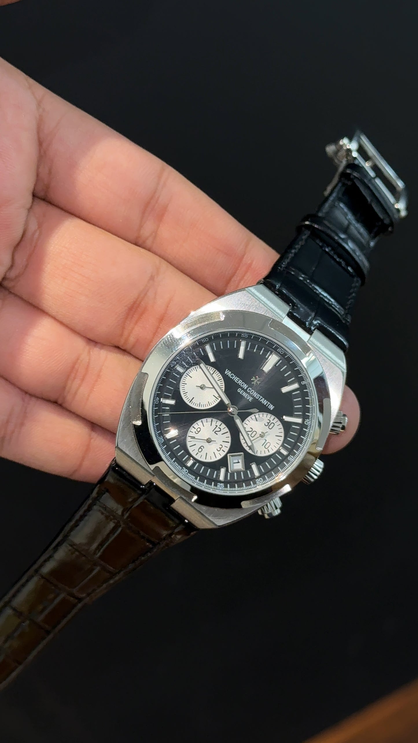 Vacheron Constantin | Black Leather Strap | White Chrono | Black Dial