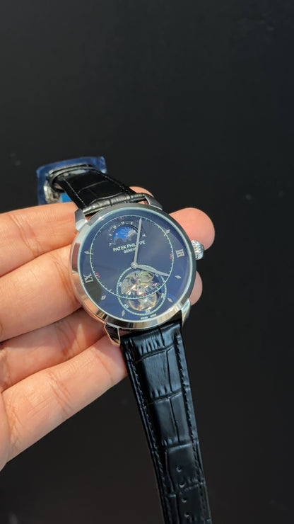 PP Auto | Silver | Pendulum | Moonphase | Black Leather Strap | Black Circle Plain Dial