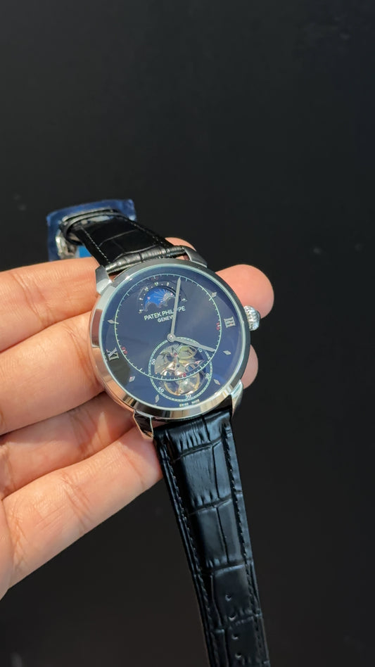 PP Auto | Silver | Pendulum | Moonphase | Black Leather Strap | Black Circle Plain Dial