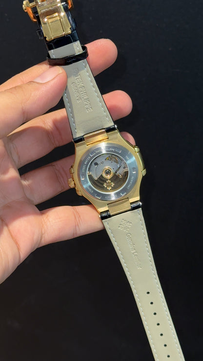 Pp Auto | Moonphase | Chrono | Gold Case | Black Leather Strap | Black Dial