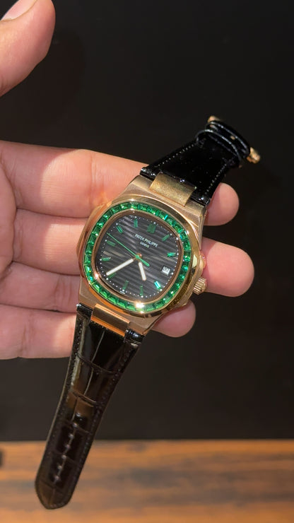 Pp Rose | Auto | Green Diamond Bezel | Black Leather Strap | Black Dial | Green Digits
