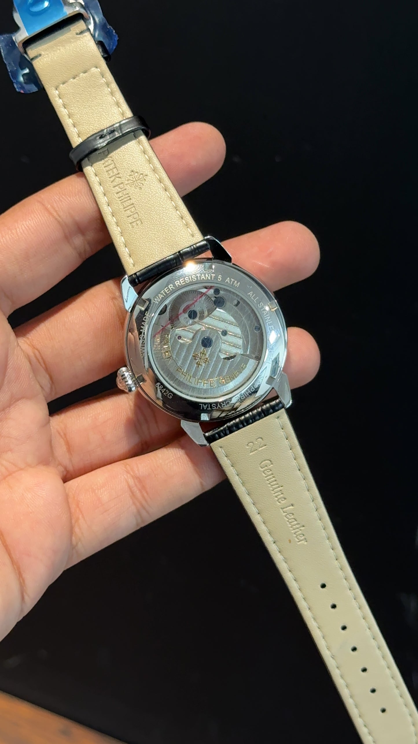 PP Auto | Silver | Pendulum | Moonphase | Black Leather Strap | Black Textured Dial