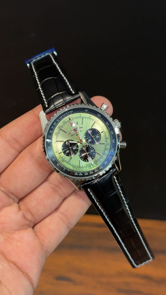 Brietling | Black Leather Strap | Black Chrono | Olive Green Dial