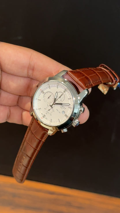 Tissot | Silver Bezel | Chrono | Brown Leather Strap | White Dial