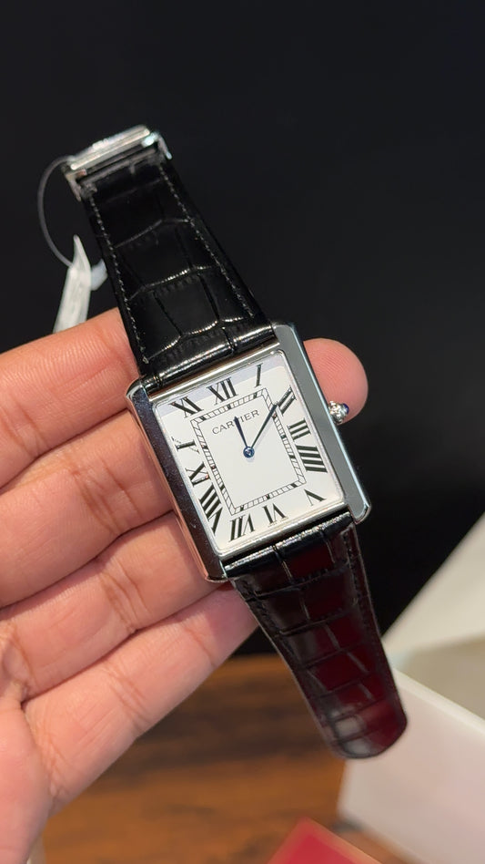 Cartier Tank | Silver | Black Leather Strap | White Dial