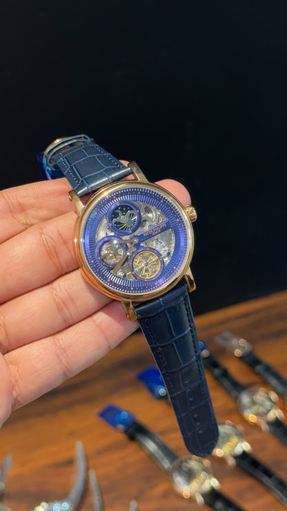 Patek Rose | Moonphase | Pendulum | Second Timer| Blue Leather Strap | Grey Machine | Blue Dial